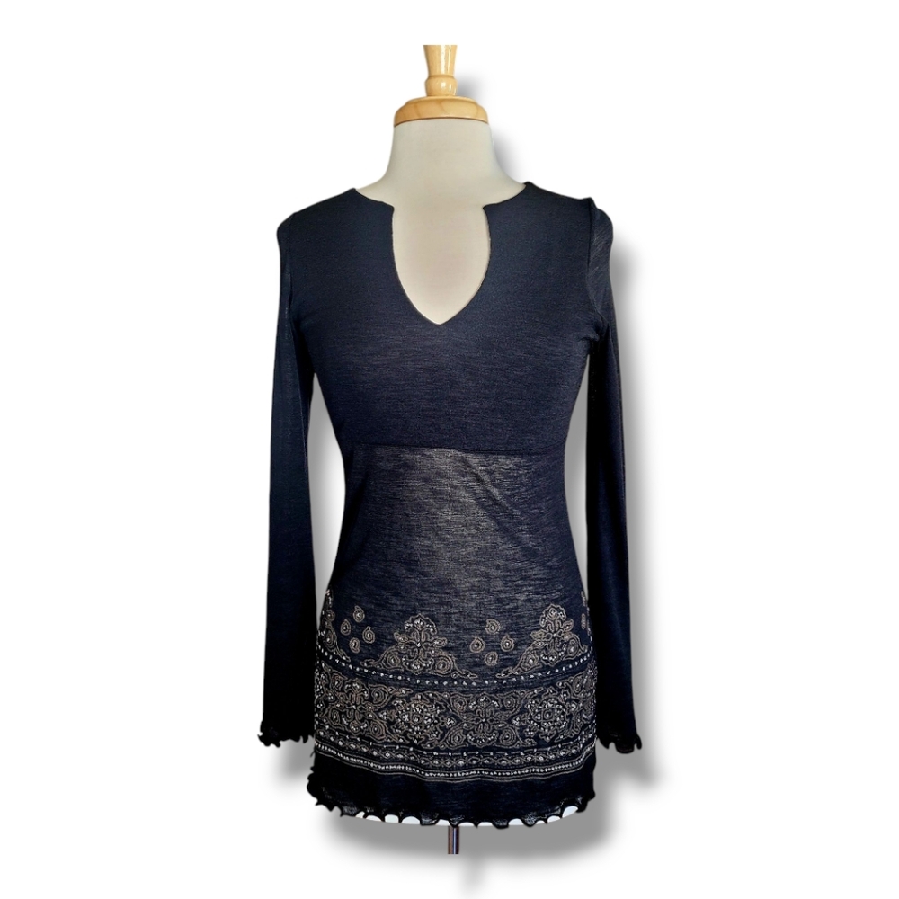MCM Black/Tan Partially Sheer Long Sleeve Tunic with Décolleté Neckline. Size M - Picture 2 of 11